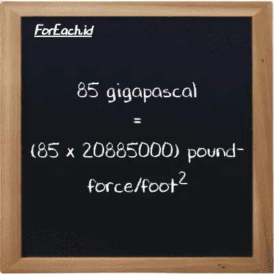 How to convert gigapascal to pound-force/foot<sup>2</sup>: 85 gigapascal (GPa) is equivalent to 85 times 20885000 pound-force/foot<sup>2</sup> (lbf/ft<sup>2</sup>)